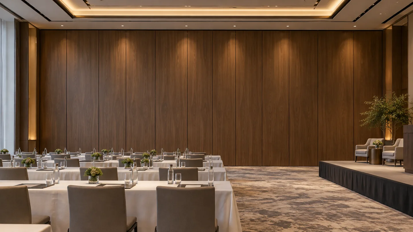 Hotel conference hall with a closed walnut-veneered operable wall