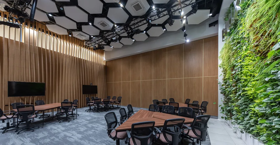 Suspended acoustic ceiling islands in a conference hall