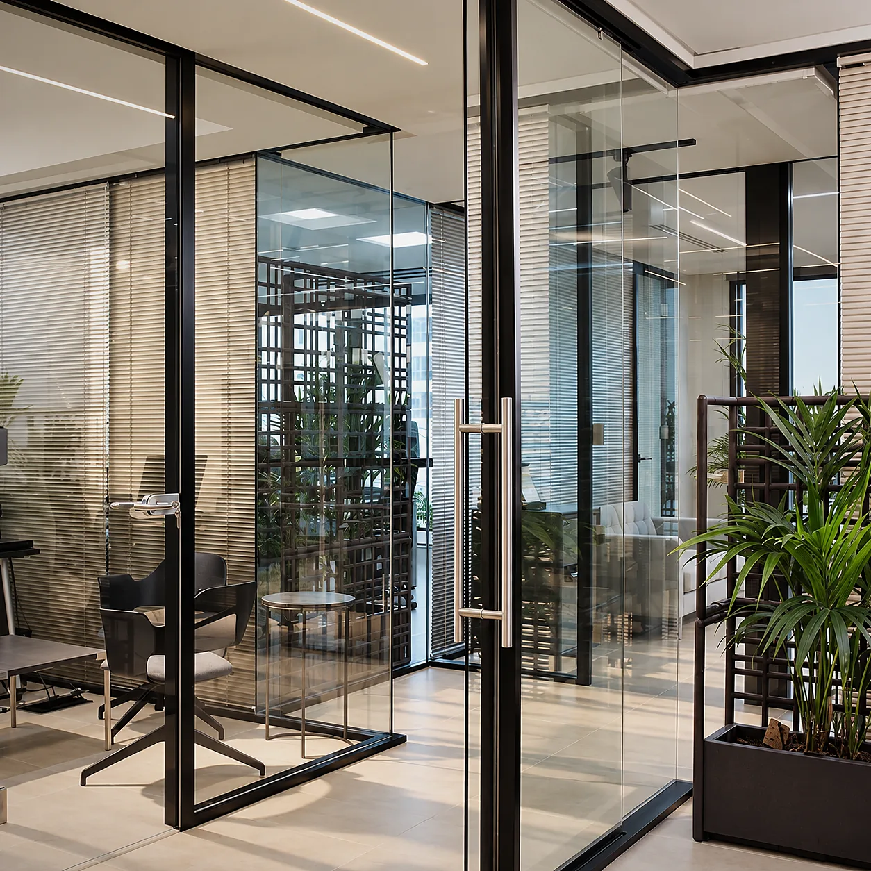 Sliding aluminium door in a glass partition