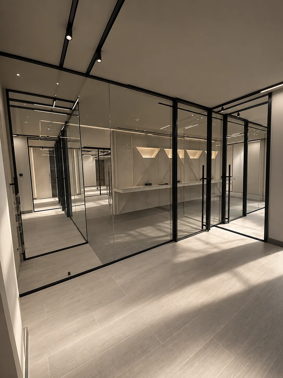 Aluminium doors and partitions in an office interior