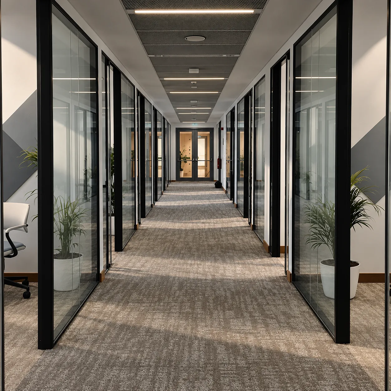 Aluminium doors and partitions in an office interior
