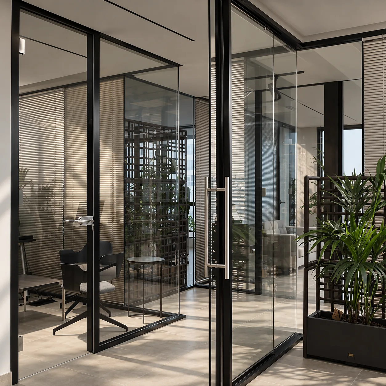 Aluminium doors and partitions in an office interior