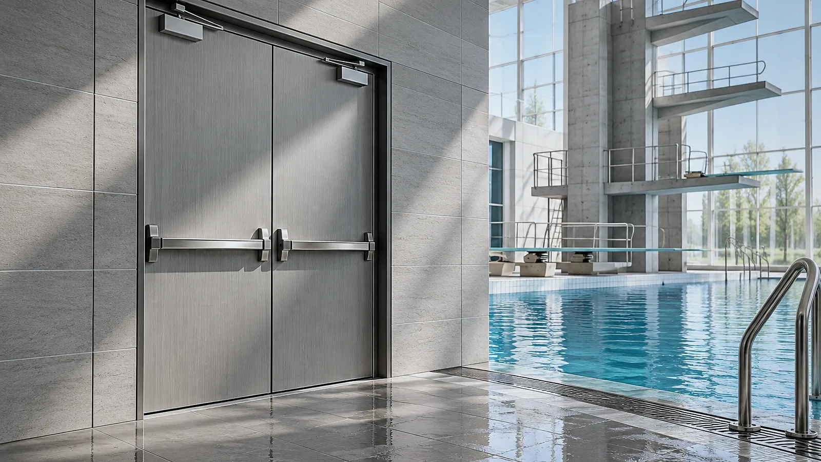 Double-leaf composite door in a diving pool hall