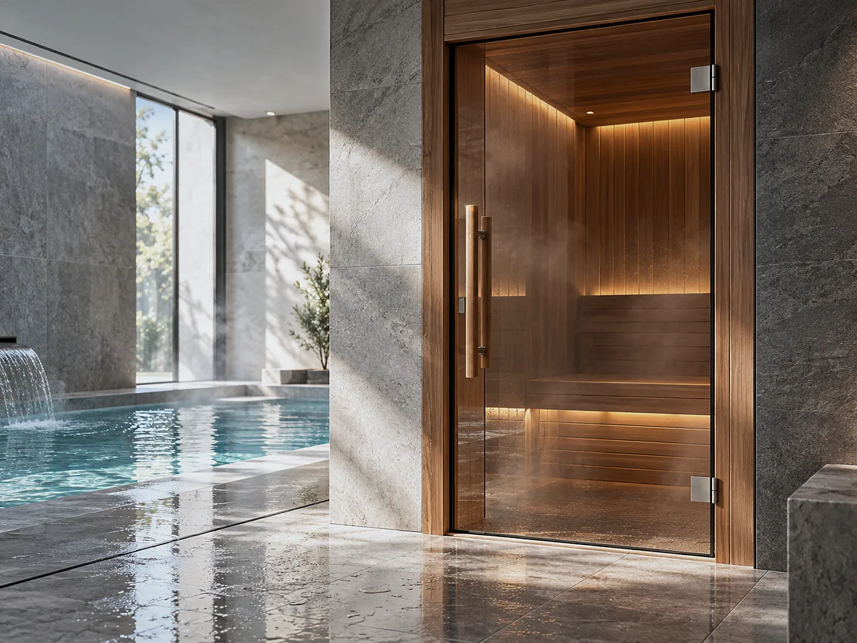 Glass sauna door in a timber frame