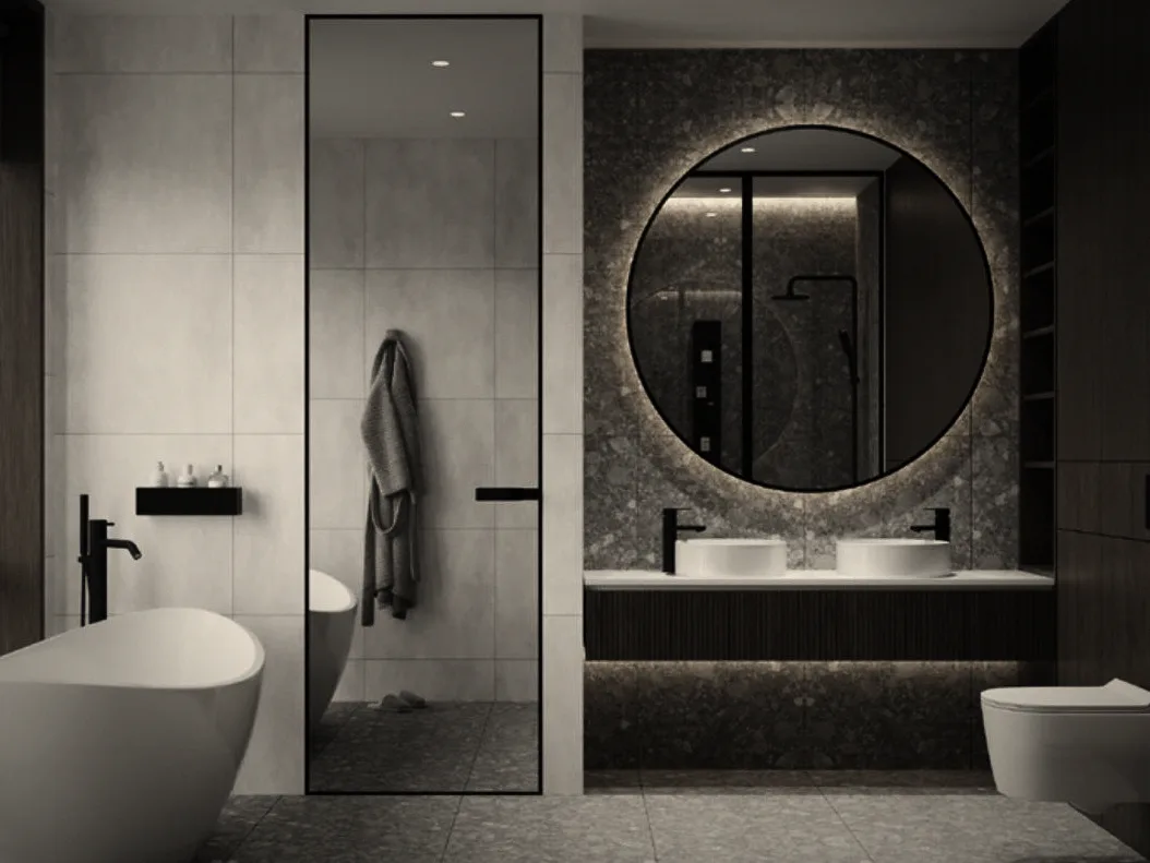 Concealed mirrored door in a bathroom