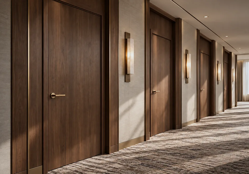 Hotel corridor with veneered guest room doors