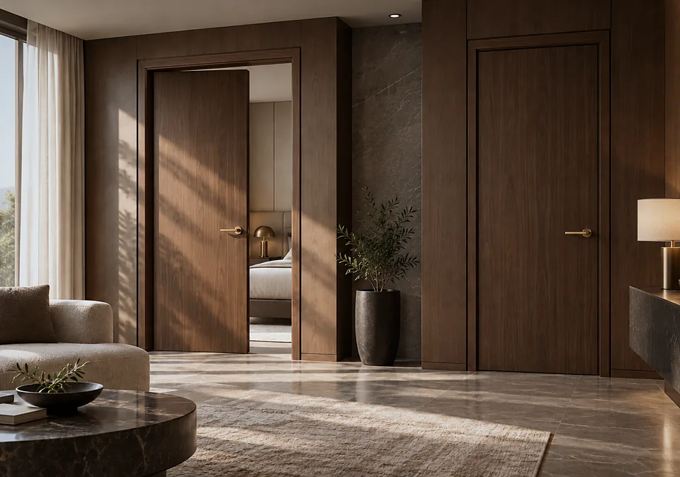 Hotel room with walnut veneer doors
