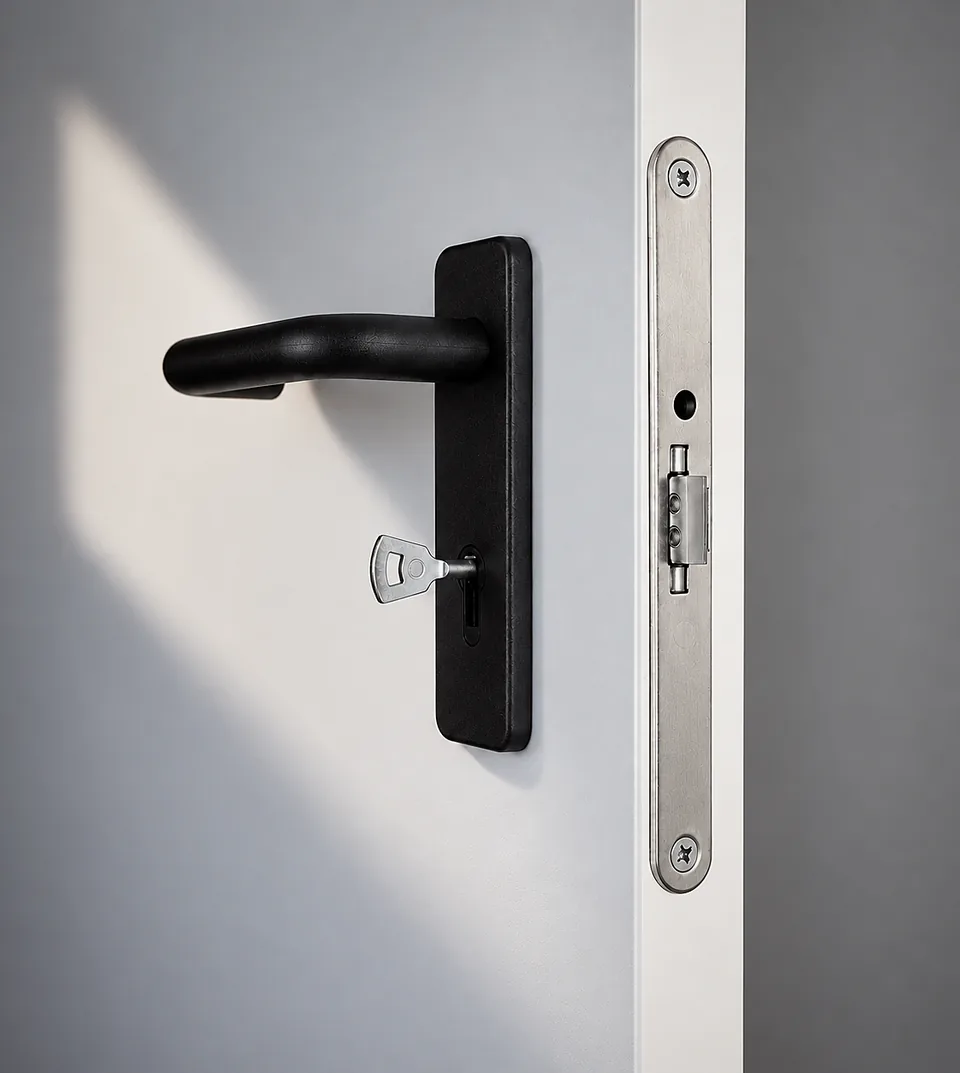 Lever handle with cylinder on a fire-rated door