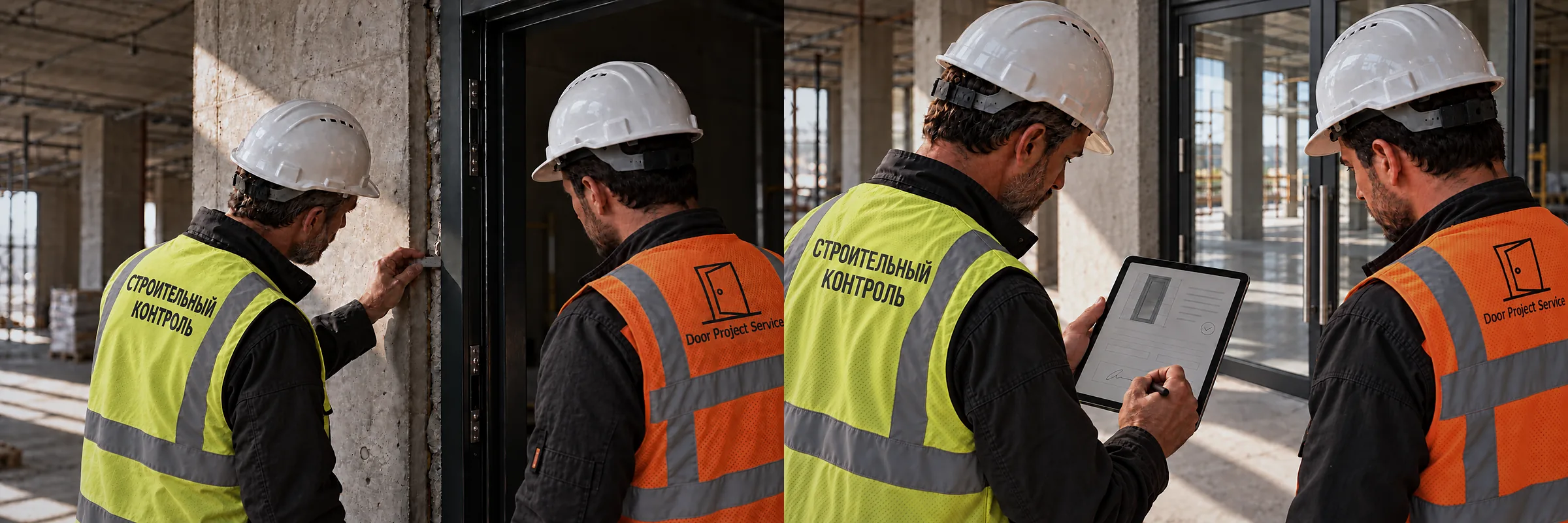 DPS site manager and the technical supervisor checking door frame fixing and installation joint filling