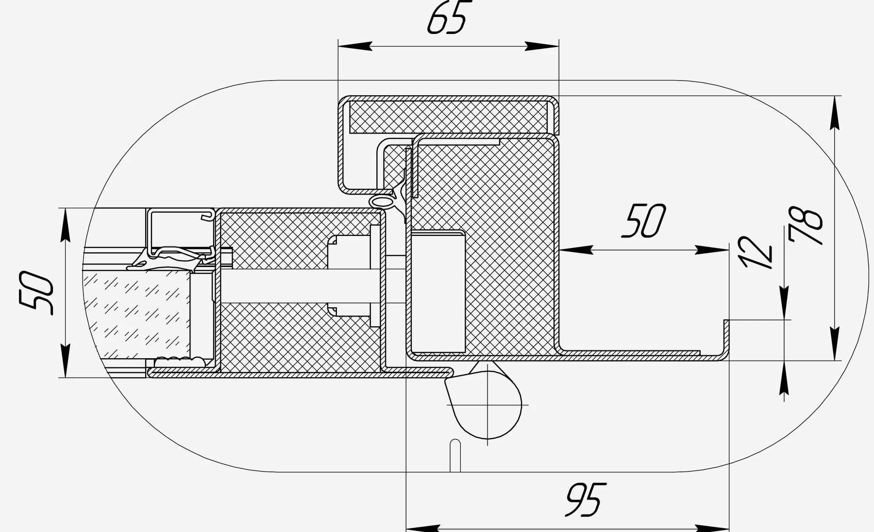 Detail A: horizontal section through the rebate of a glazed fire-rated door EIWS 60 — frame, leaf, insulated glass unit, seal, hinge