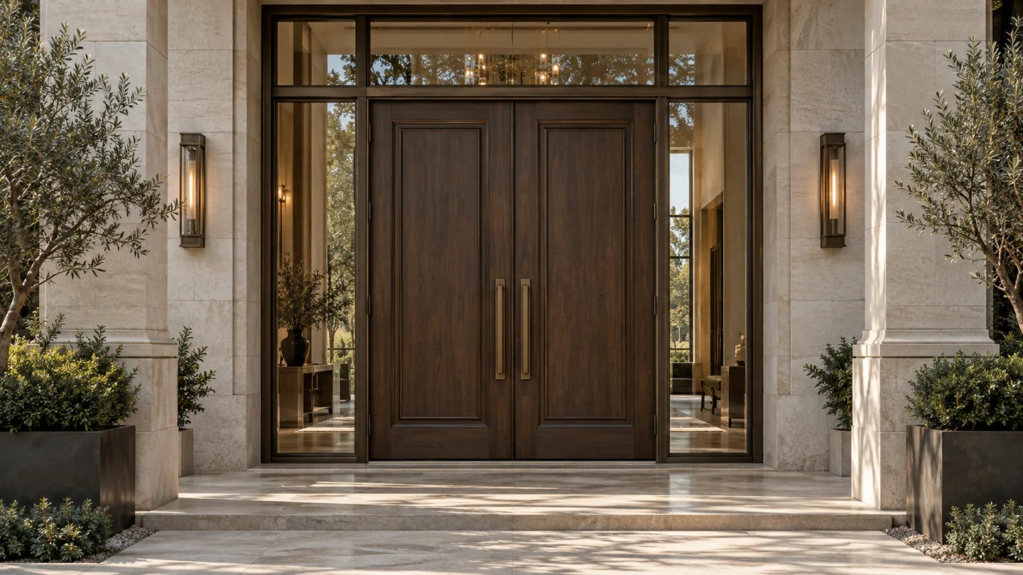 Double-leaf entrance door with sidelights and transom