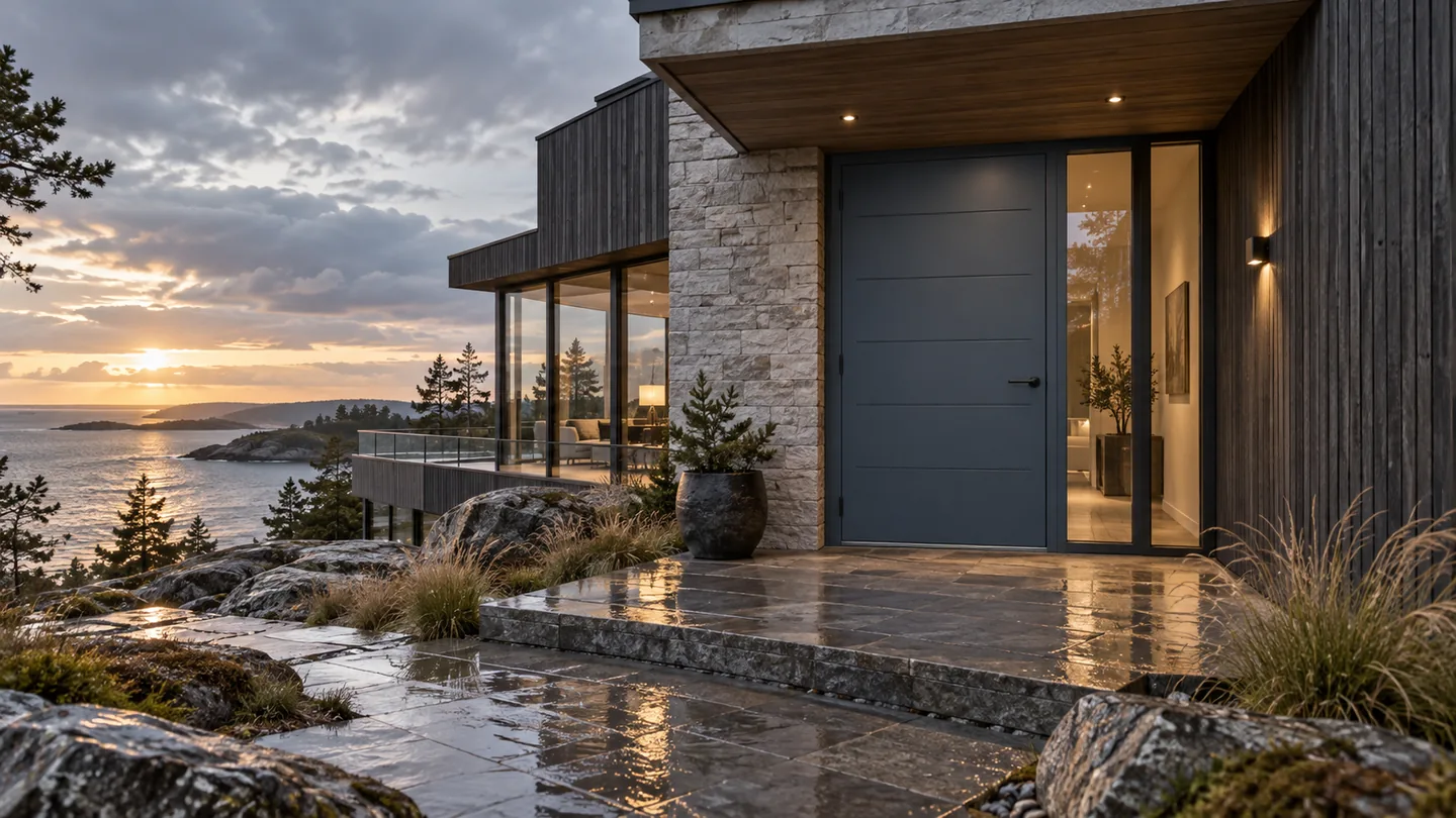 Entrance door of a house on a rocky coast at sunset