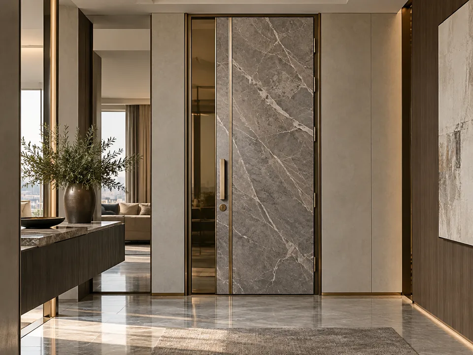 Door with a marble panel and brass mouldings
