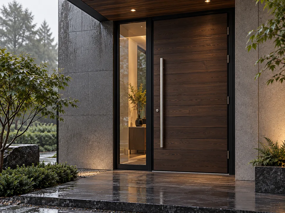 External door with a thermowood finish
