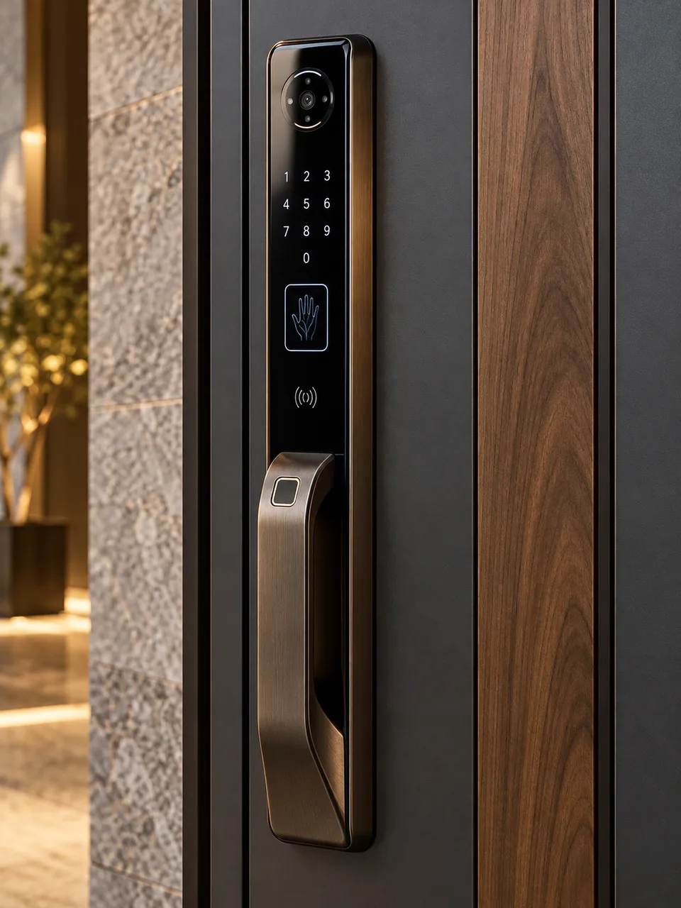 Biometric smart lock with face recognition, palm scanner, card and fingerprint on an entrance door